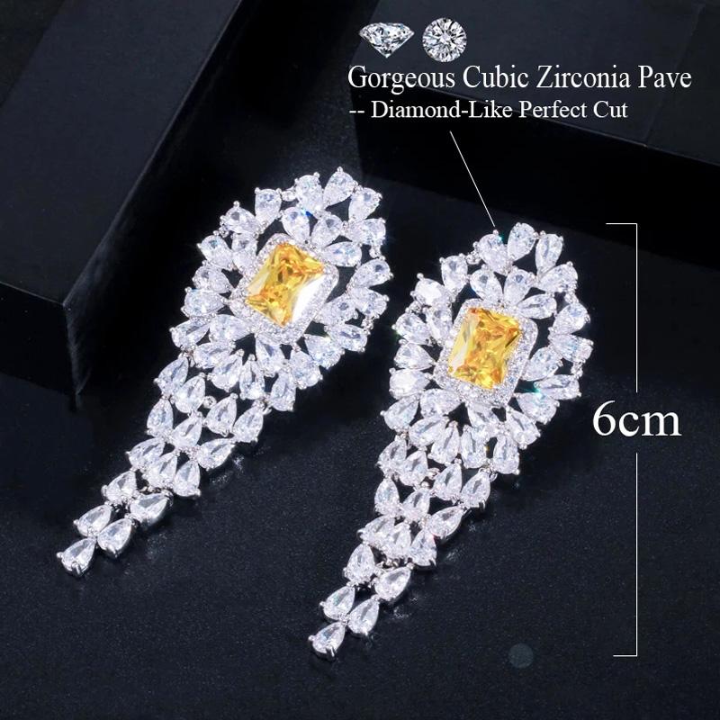 CMM Marke Frauen Partei Schmuck Weiß Gold Farbe Luxus Quadrat Gelb Lange Tropfen Ohrring mit Zirkon