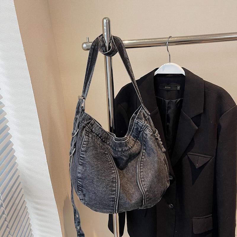 Denim Messenger Bag med Stor Kapacitet Dam Vintage Axelväska Crossbody-väska