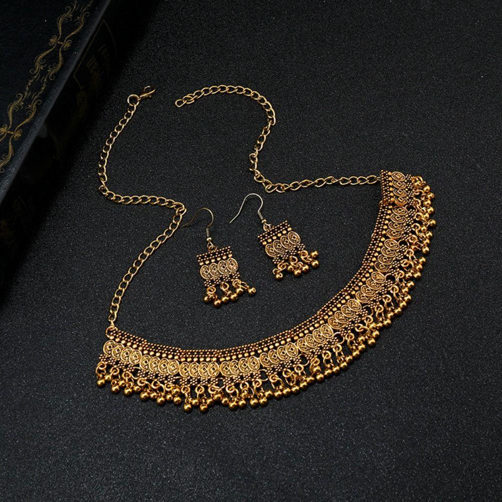 Vintage Bohemian Earrings Suit Gold Retro Clavicle Chain Personalized Ethnic Style Necklace  Girls