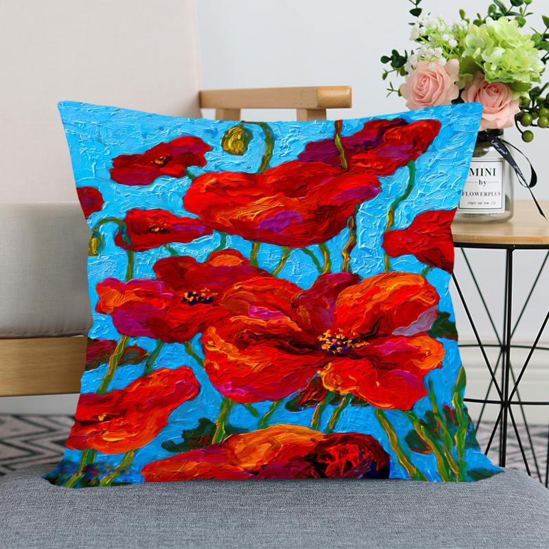 Red Poppy Flower Print Pattern Pillow Case Home Living Room Sofa Bedroom Decoration Soft Throw Square
