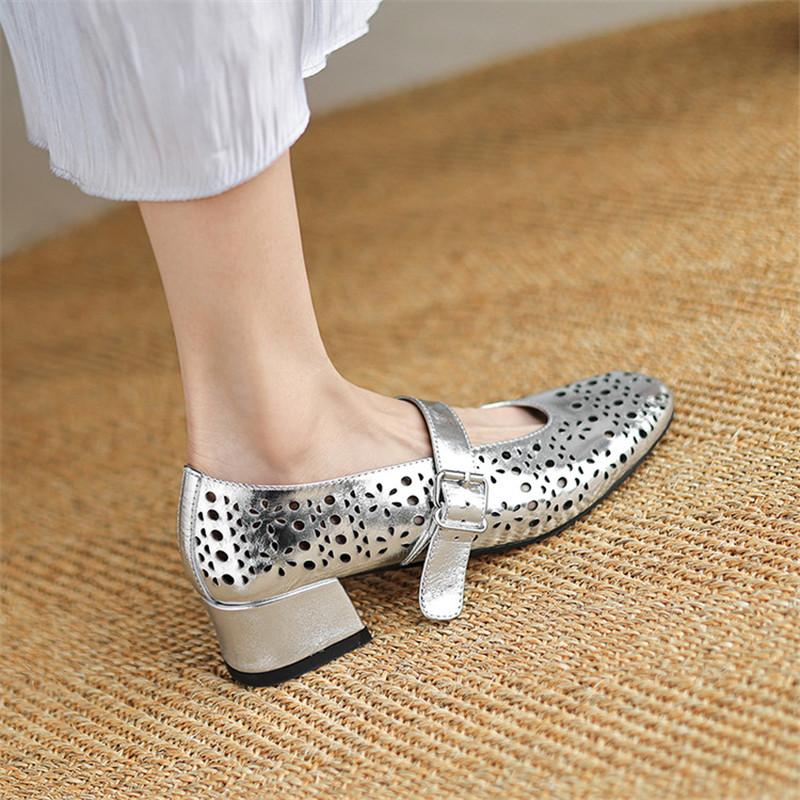 Fashion New Spring/autumn Genuine Leather Women Shoes Round Toe Shoes for Women Fashion Hollow Out Mary Jane Shoes Mid Heels Women Pumps