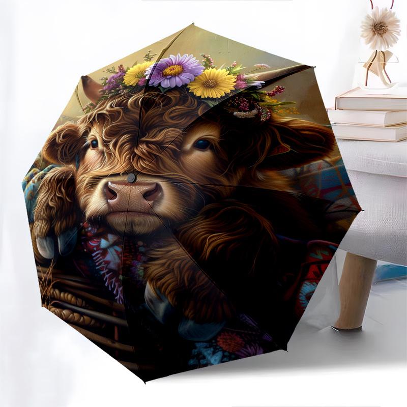 Cow, Floral Wreath Theme 8 Bone Hand Automatic Folding Umbrella, Compact and Portable Design, A Perfect Gift for Birthday, Christmas or Busi