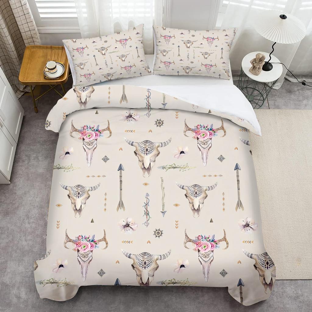 Comforter Bull Head Bone Flower Pattern 3D Printed Exotic Style Bedding Set Soft Comfortable Polyester