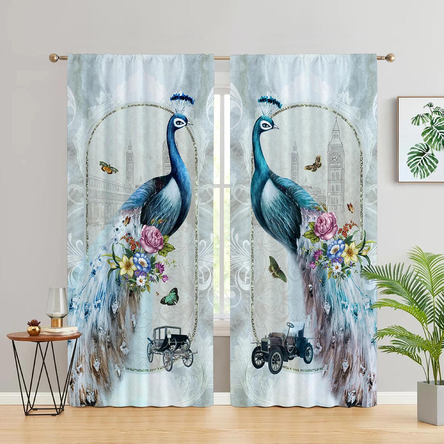 Vintage Pfau mit Blumen Schmetterling Hochverdunkelungsvorhang Schlafzimmer Wohnzimmer Fenster Dicke Verdunkelungsgardine Mehrfarbig Pfau W55 X H120cm X 2&Grommet Top