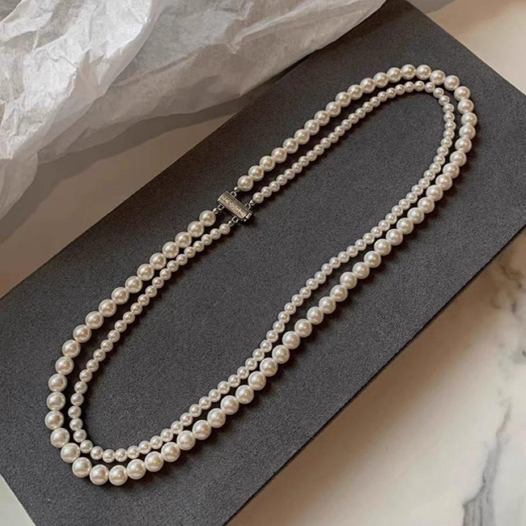 Shijia Zhenduo hemp silver gray double-layer pearl long sweater necklace premium stacked collarbone neck chain
