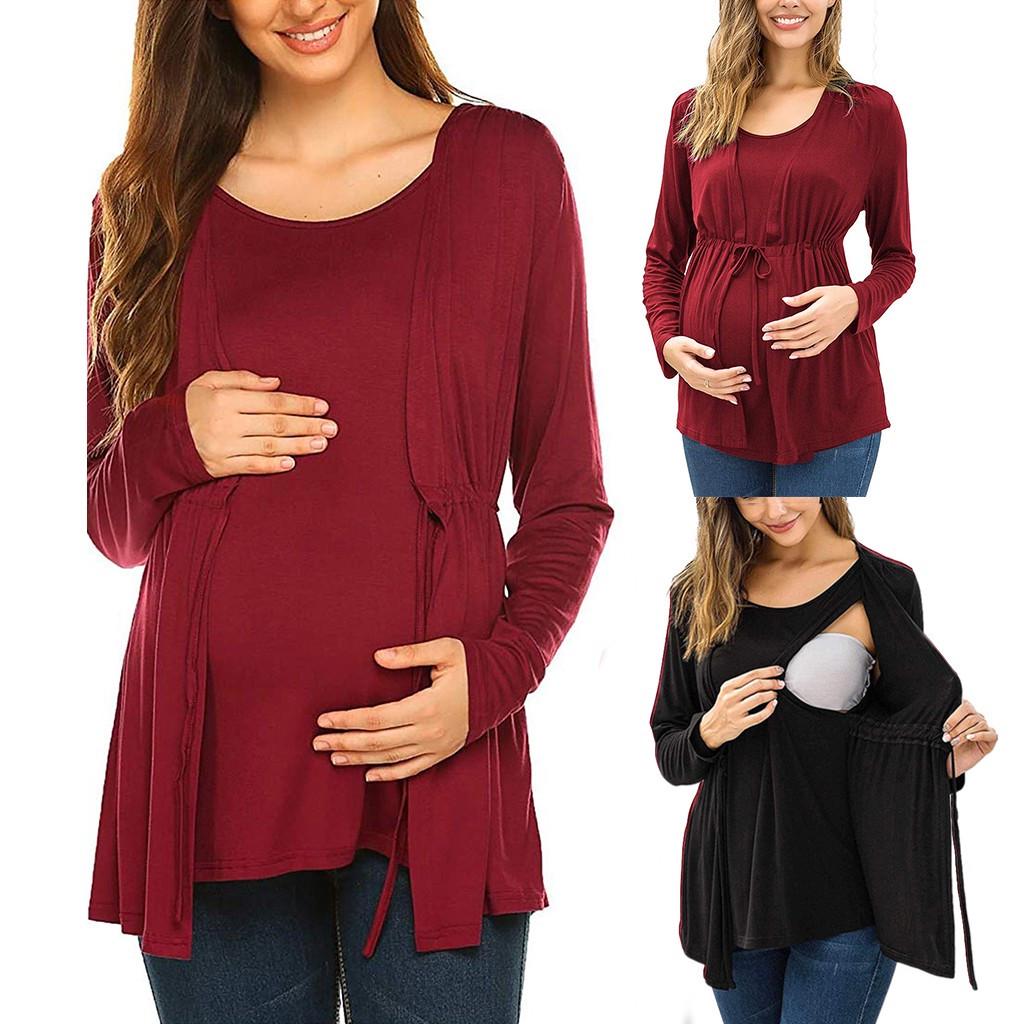 Buy Women Maternity Breastfeeding Long Sleeve Double Layer Nursing Tops ...
