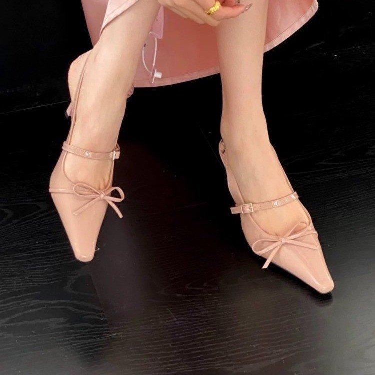 2025 spring and summer new bow medium high heels women's bag head sandals one-word buckle with pointed head empty single shoes women