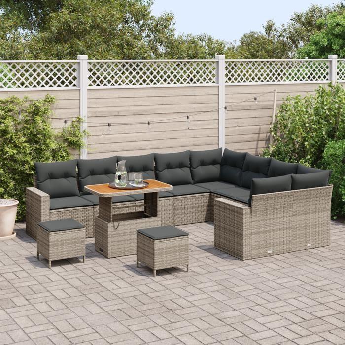 Ensemble de canapés de jardin de 12 pièces avec coussins gris en rotin poly et acacia, Ensemble de salle à manger de jardin 3363608