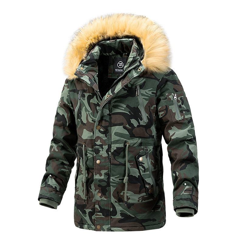 2025 Winter Hooded Men's Fleece Thickened Slim Mid-length Camouflage Cotton Jacket Men's Trendy Padded Clothing