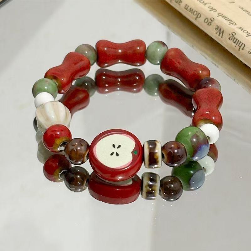 

Handmade Apple Fruit Bone Bead Ceramic Bracelet Stretchable Boho Ethnic Zircon Unique Gift