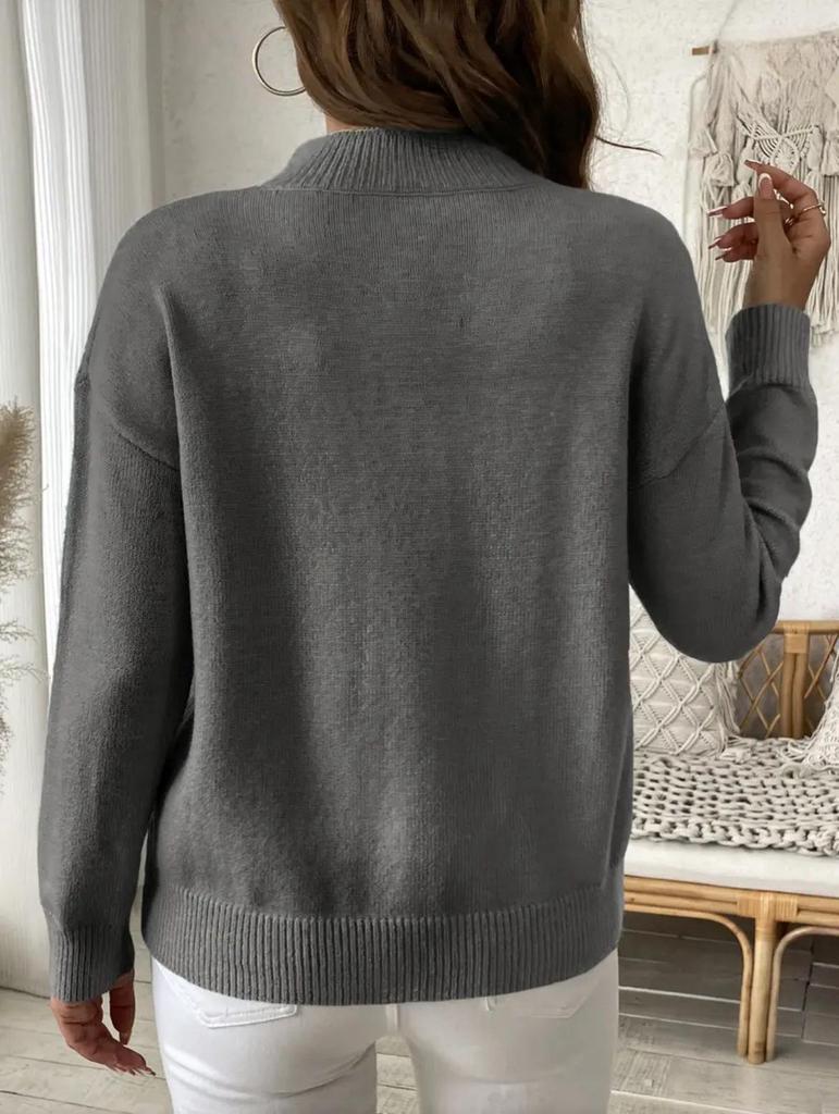 Women's Solid Color Loose Knit Pullover with Half-High Neck and Long Sleeves - Autumn/Winter Fashion Sweater.