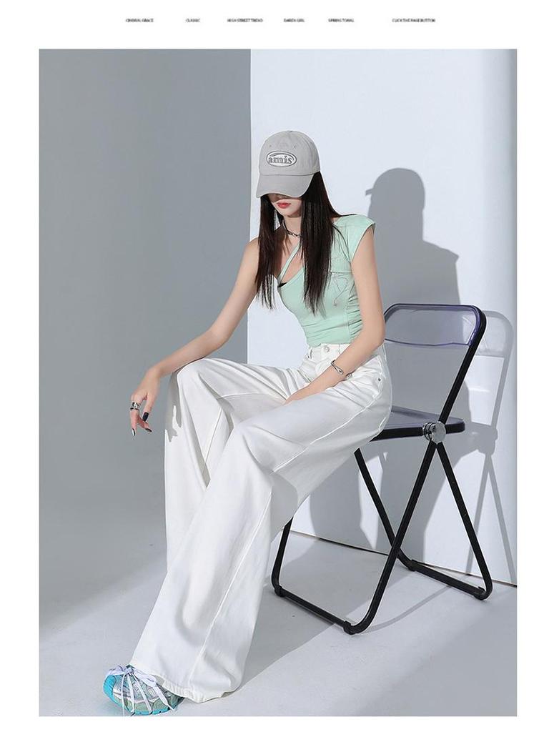 Women's White Tencel Wide-Leg Jeans - Summer 2025, High-Waisted, Loose, Floor-Length, Slimming.