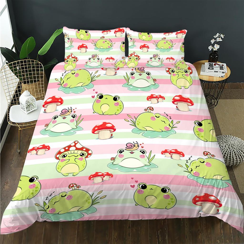 Cartoon Frogs And Mushroom Bedding Set Christmas Duvet Cover Set Single Twin Queen King Size No Filling Birthday Gift For Kids