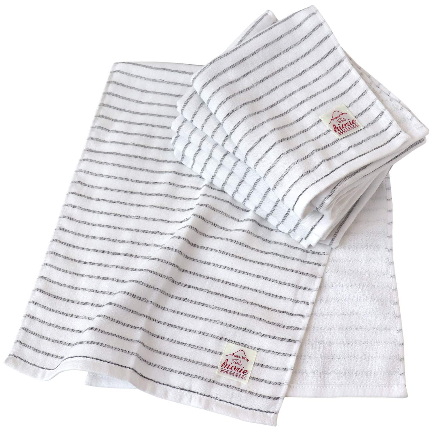 

hiorie Denim-Colored Gauze Face Towels, Set of 3, Border, Made in Japan