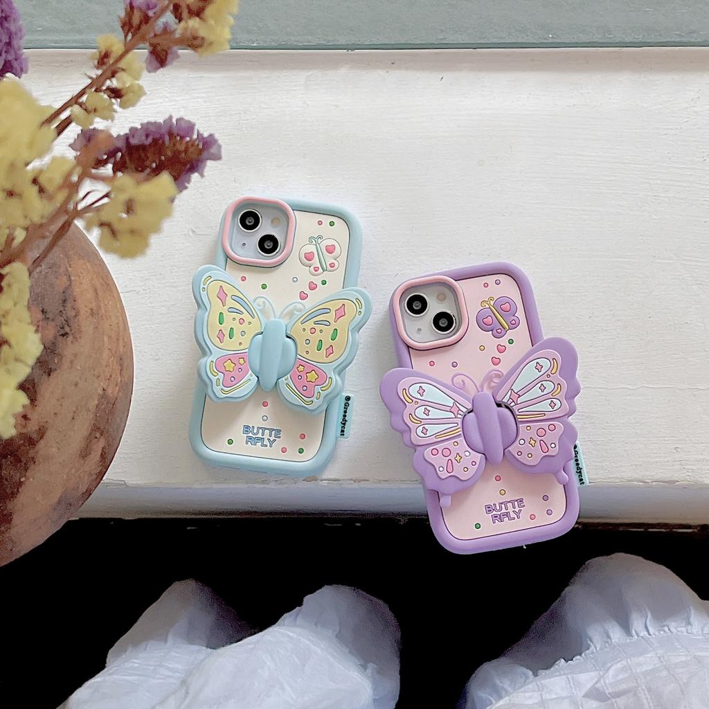 For iPhone 15 Silicone Case Cute Butterfly Kickstand Design Shockproof Phone Back Cover