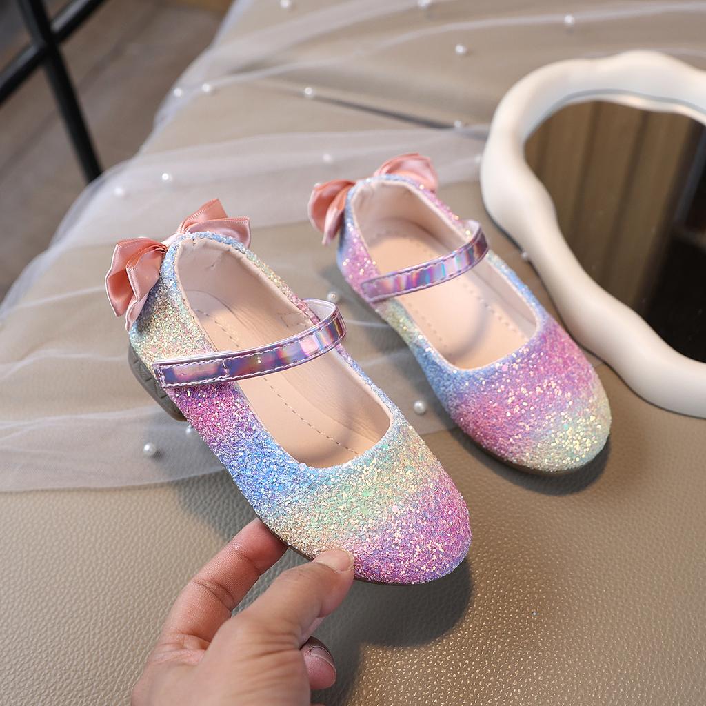 Spring new style girls' soft-soled leather shoes with rainbow sequins and bow, princess dress shoes, flat large size loafers for children