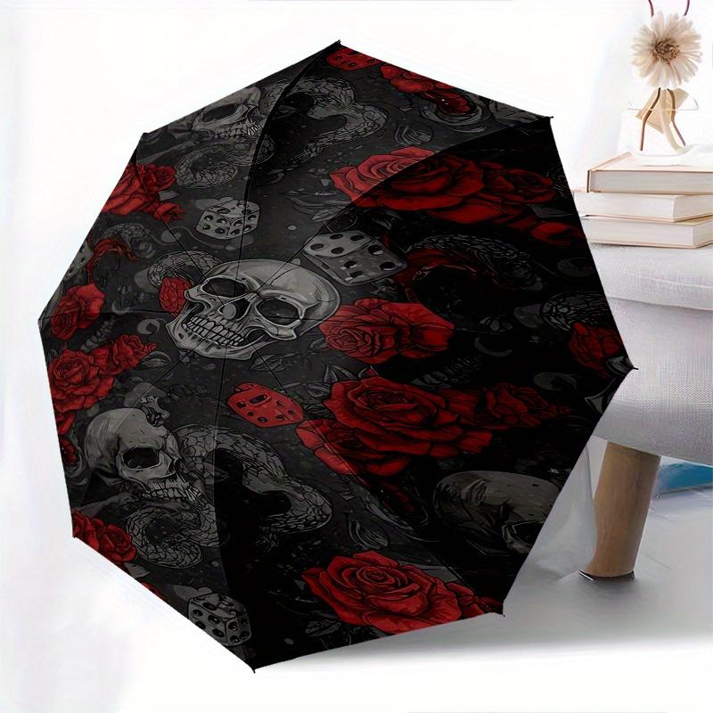Skull Roses Automatic Folding Umbrella  8 Ribs, Durable Iron Frame, Bright Color Pattern Compact Travel Umbrella, Suitable for Outdoor, Beac