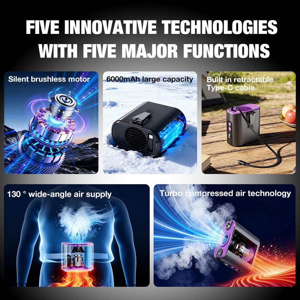 Portable High-Speed Fan with LED Light - Wearable, Desktop, and Rechargeable