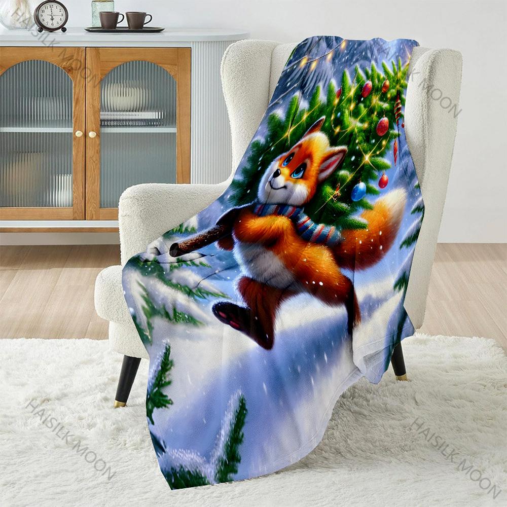 Festive fox with Christmas tree pattern Blanket Flannel Material Soft Warm for All Seasons,For Home Outdoor Camping Picnics RV