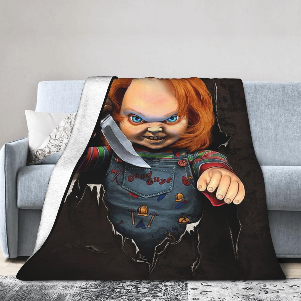 Chucky Horror Movie Knitted Blanket Childs Play Halloween Fuzzy Throw Blanket Home Couch Personalised Soft Warm Bedspread