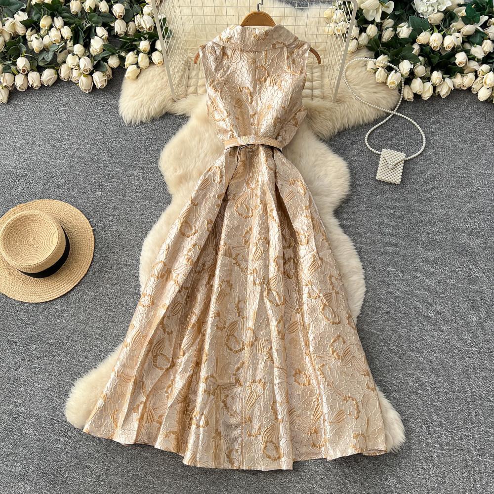 Elegant temperament style suit collar jacquard dress women's summer sleeveless strap waist thin A-shaped long dress