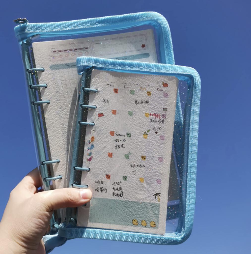 A5 A6 Clear File Binder Holder Mini Bromide Case System Notebook Refill with Glitter Korea Deco with Zipper [Donalee] 6-Hole (A5, Blue)