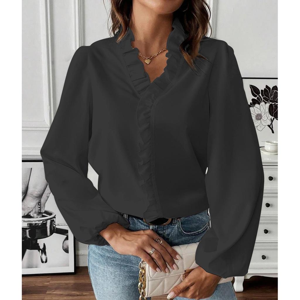Women's Ruffle Edge Solid Color V-Neck Fashionable Casual Long Sleeved T-Shirt Shirt Top