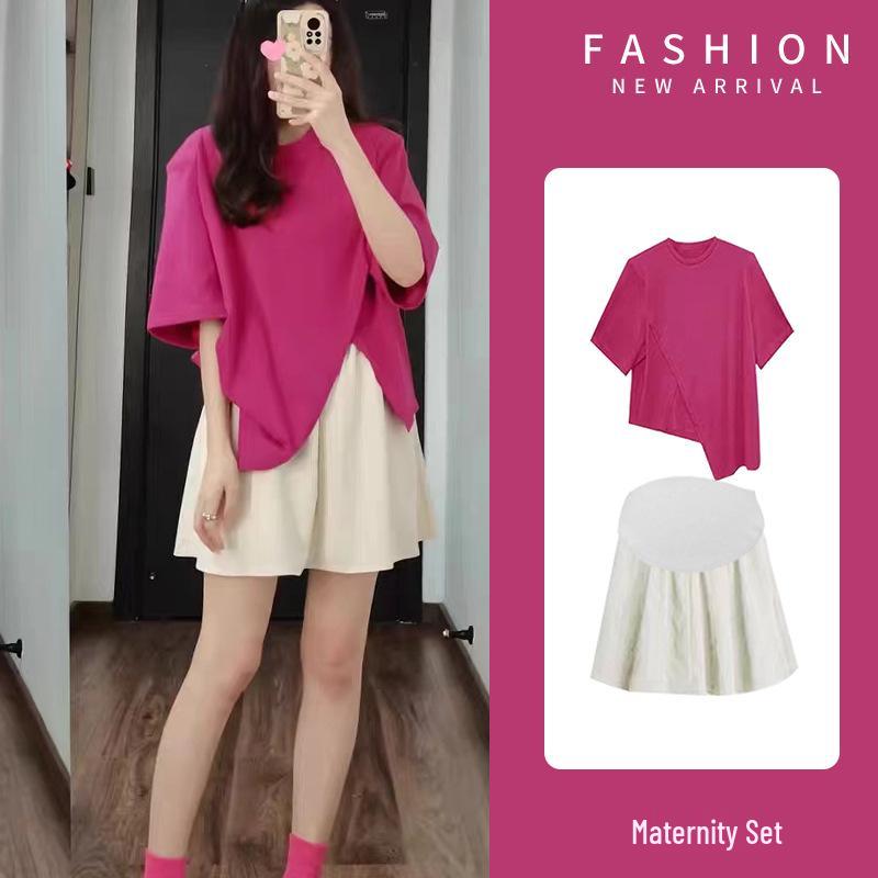 

Tea-Colored Summer Maternity Set: Slimming Two-Piece Split Top and Skirt for Curvy Figures. L