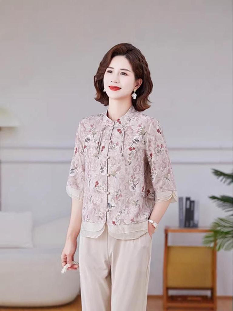 Muttertag Ethnische Stil Kurzarm Sommerbluse für Damen: Altersreduzierender Neuer Chinesischer Stil