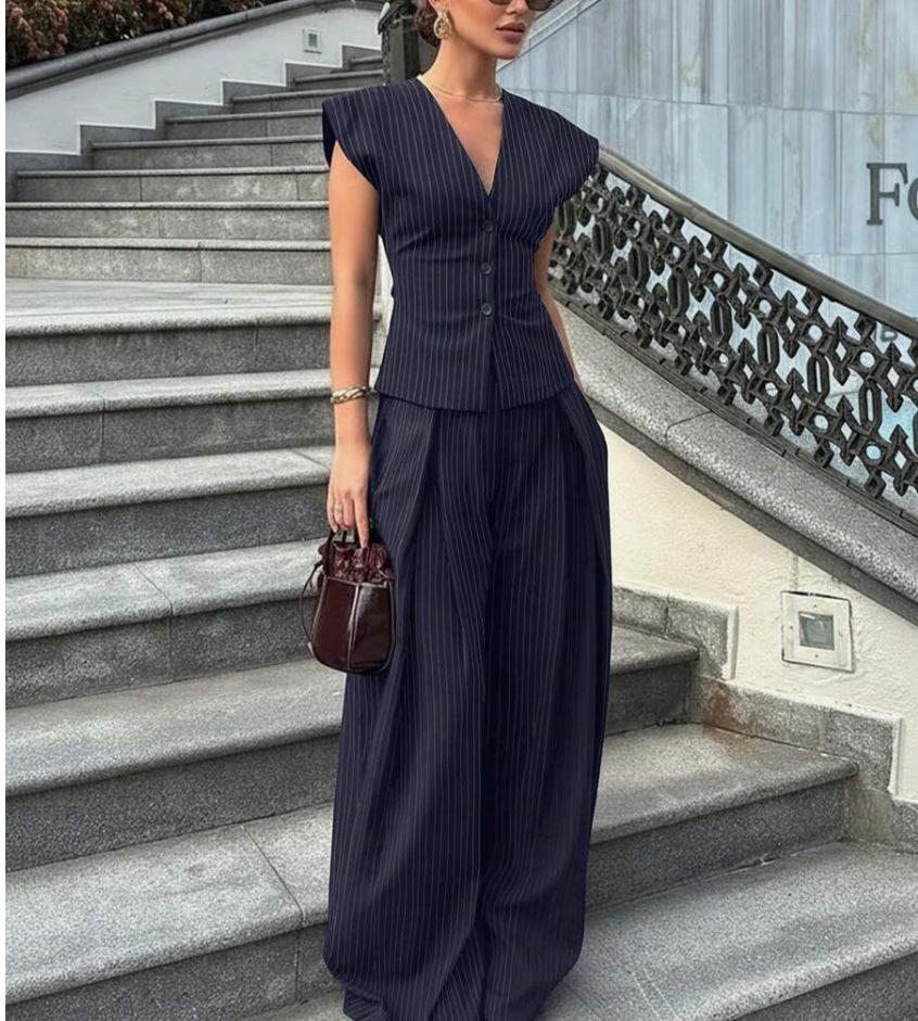 Women Striped Sleeveless V Neck Wide Leg Pants Set Elegant Button Up Top with Pants