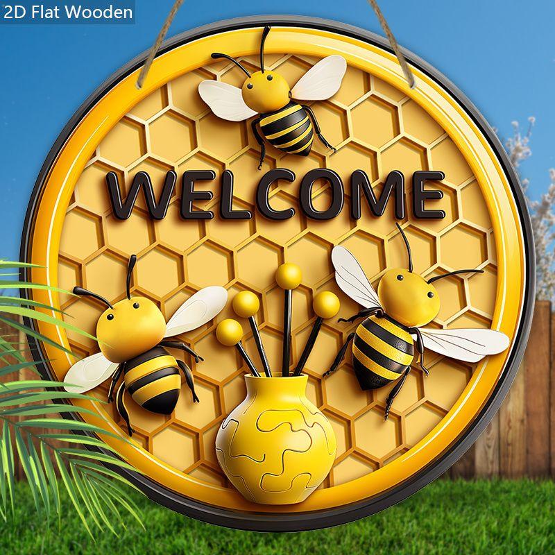 Trädgårdsdekoration, hängande dekorativa träskyltar, "VÄLKOMMEN"-logotyp, bi-mönster, 2D grafiska produkter, inflyttningspresenter till vänner