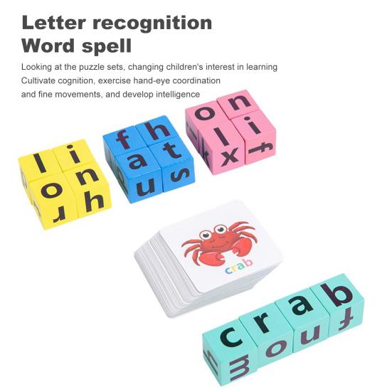 Word Spelling Game CVC Phonics Flash Card Wooden Letter Building Block Toddlers Alphabet