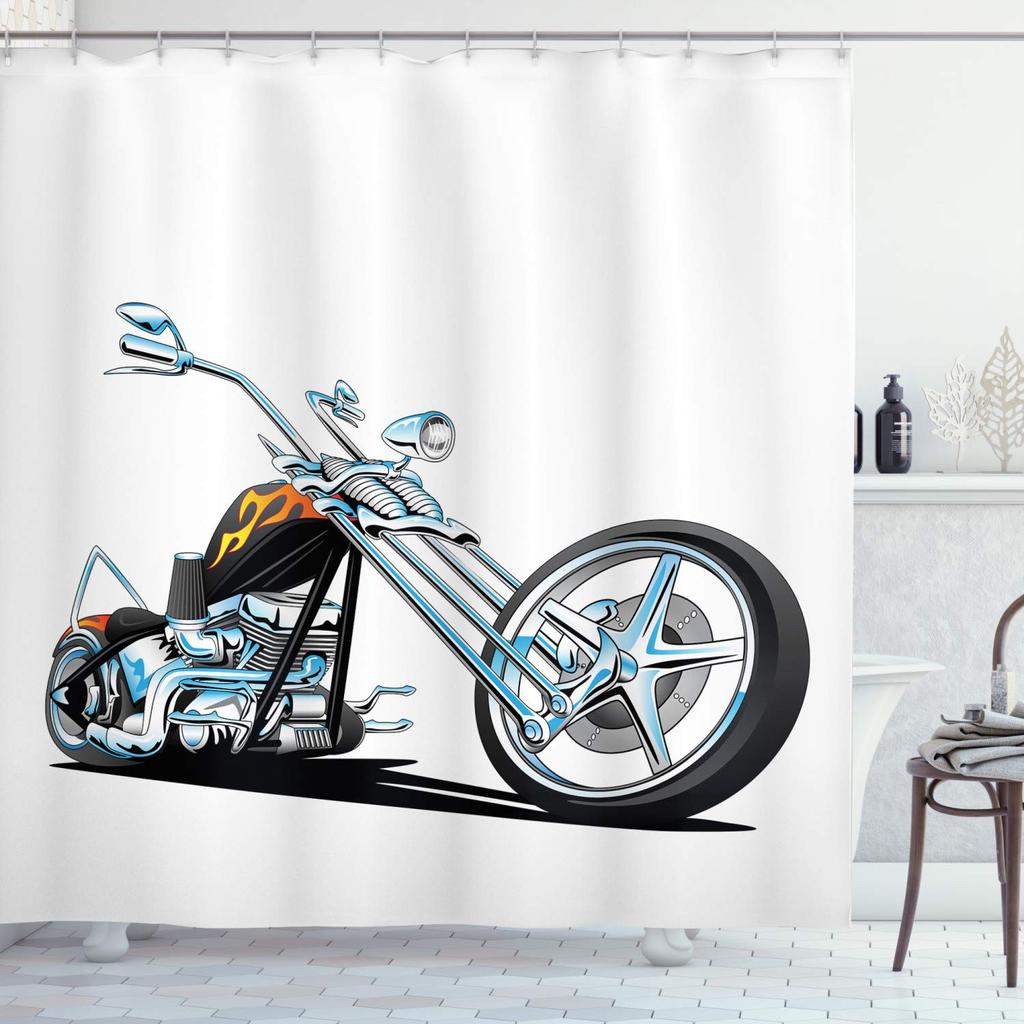 Motorcycle Shower Curtain Horsepower Adventurous Journey Freedom Ride Masculine Vehicle Bathroom Curtains Decor Set With Hooks