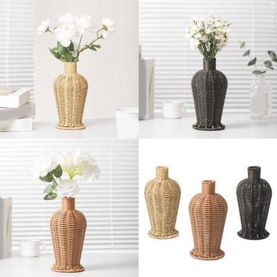 Farmhouses Vintage Faux Rattan Woven Flower Vase for Home Kitchen Imitation Wicker Florals Holder Container Table Decors