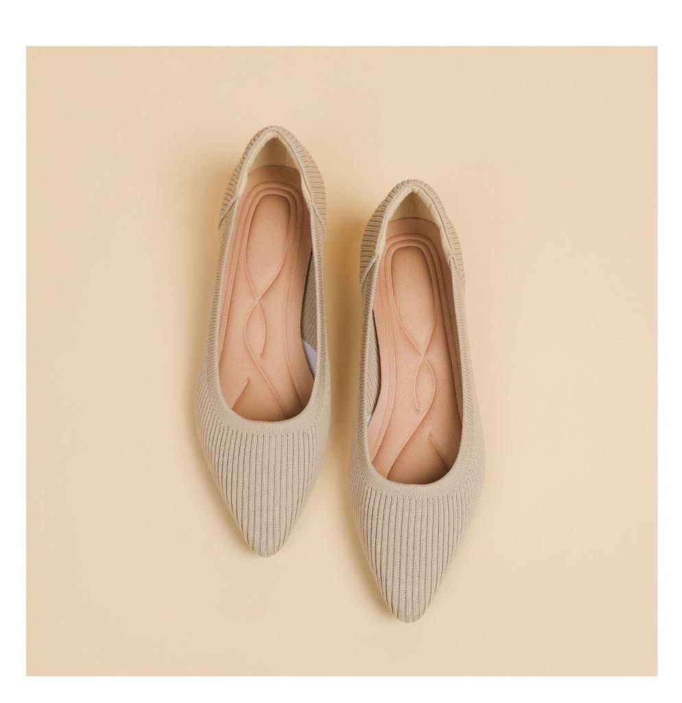 B35-3 Pointed Toe Low-Cut Chunky Heel Breathable Plus Size Striped Knit Shoes