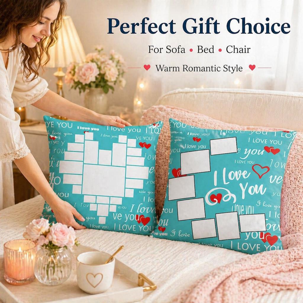 Custom Photo Pillow Cover Personalized Heart Collage Cushion Case Peach Skin 2D Flat Print For Valentine Gift Sofa Home Decor