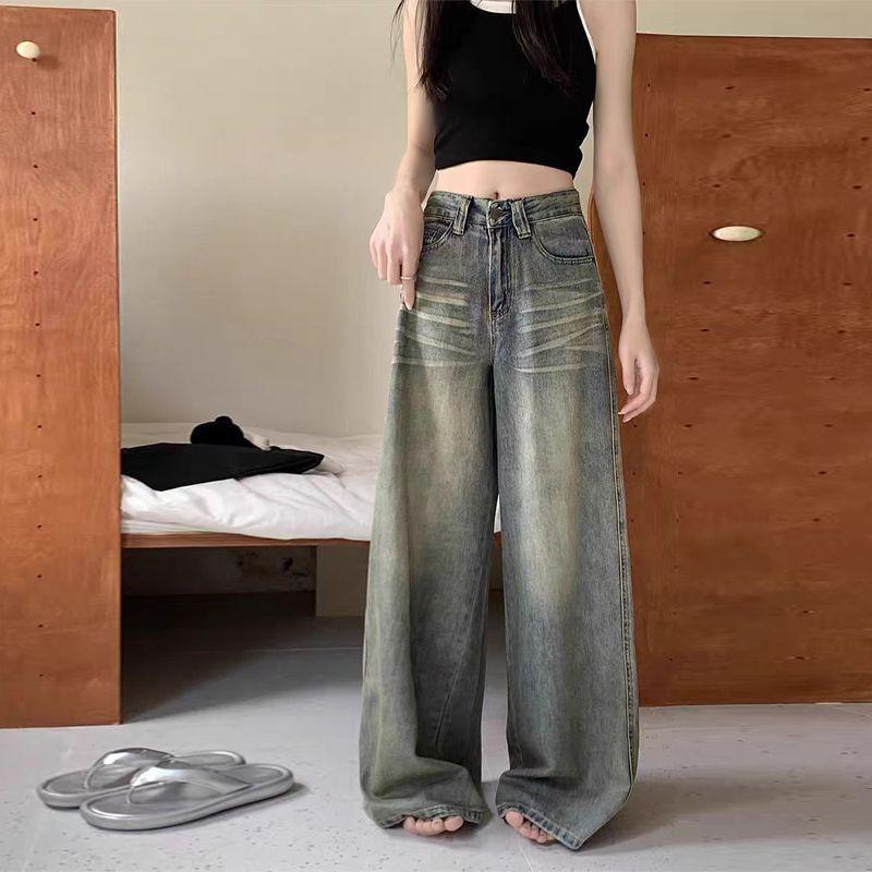 

Весенне-осенние винтажные джинсы с широкими штанинами женские свободного кроя с высокой посадкой, стройнящие, повседневные прямые длинные брюки до пола XL