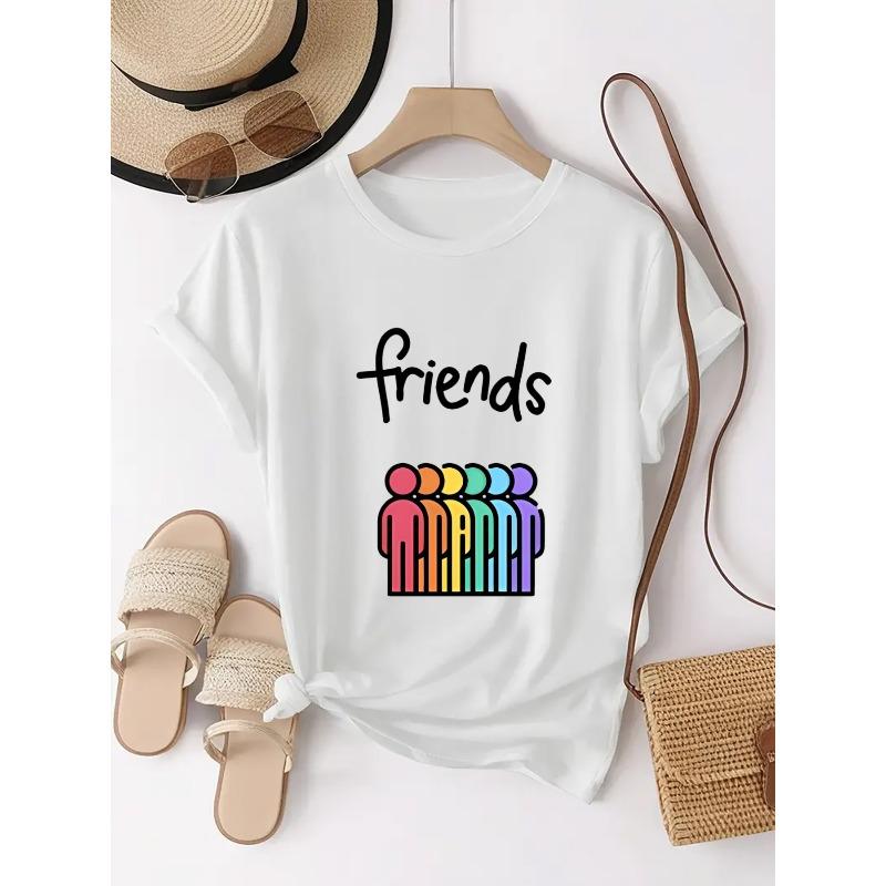 

European sizes Women Short-Sleeve T-Shirt with Friendship & Unity Print - Round Neck Casual Blouse | Machine-Washable Comfortable Top for Parties 4XL