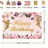 2D Pink Floral Fairy Backdrop "Happy Birthday" with Gold Glitter Fairies and Butterflies Photography Background