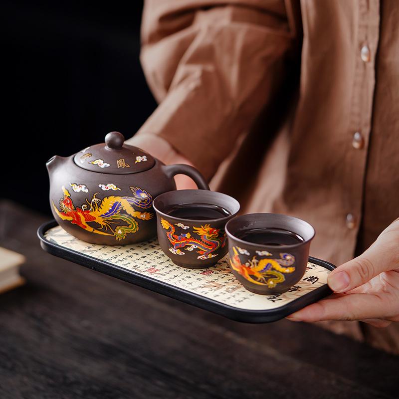 Color-changing purple sand portable travel tea set, one pot, two cups, small set with tea tray, express cup as a gift.