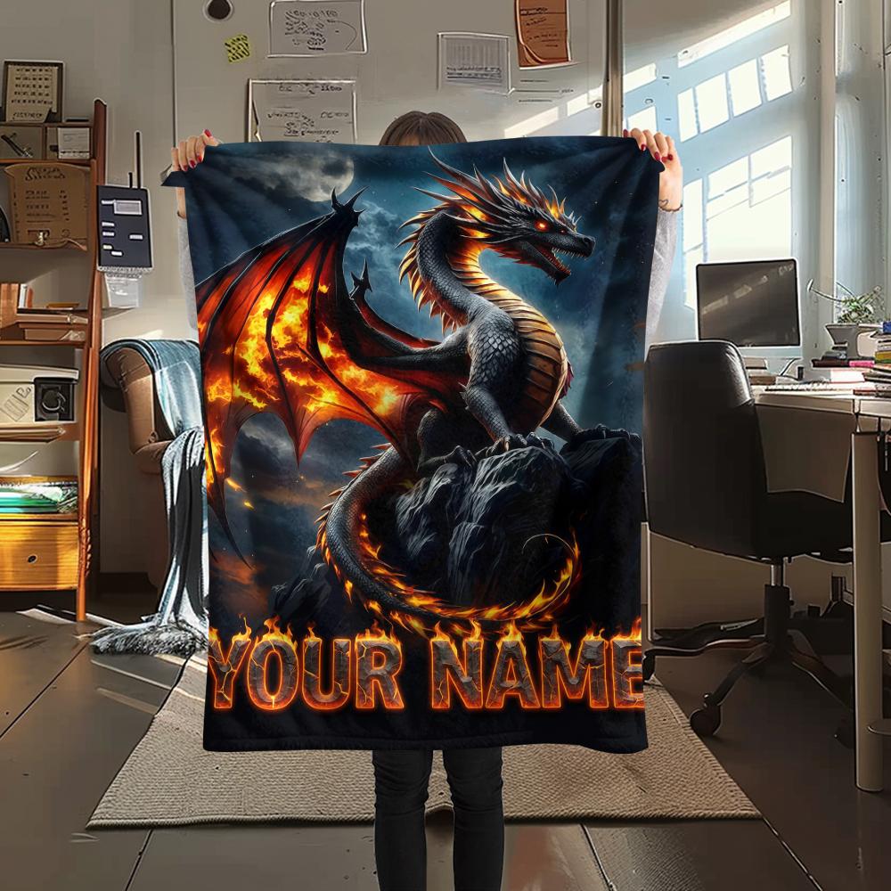 1PC Custom Name Dragons Fiery Majesty Patterned Flannel Blanket Suitable For All Seasons for Home Decor Warmth and Comfort Gifts Holiday Present_lx