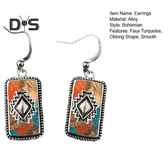 1 Pair Lady Bohemian Earrings Vintage Ethnic Style Dangle Earrings Faux Turquoise Oblong Shape Hook Earrings Prom Daily Travel Ear Jewelry