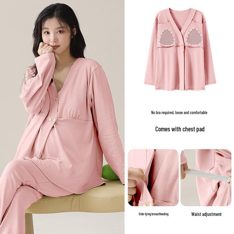 Autumn Pure Cotton Maternity Pajamas with Breast Pads - Perfect for Postpartum and Breastfeeding