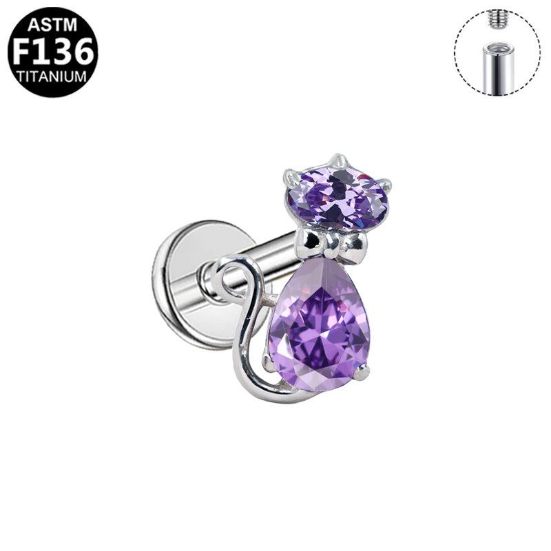 Herzförmiger Katzen-Ohrknochen-Stecker Piercing Schmuck mit lila Zirkon G23 Titan - Designer-Stil, Modisch, Schlicht.