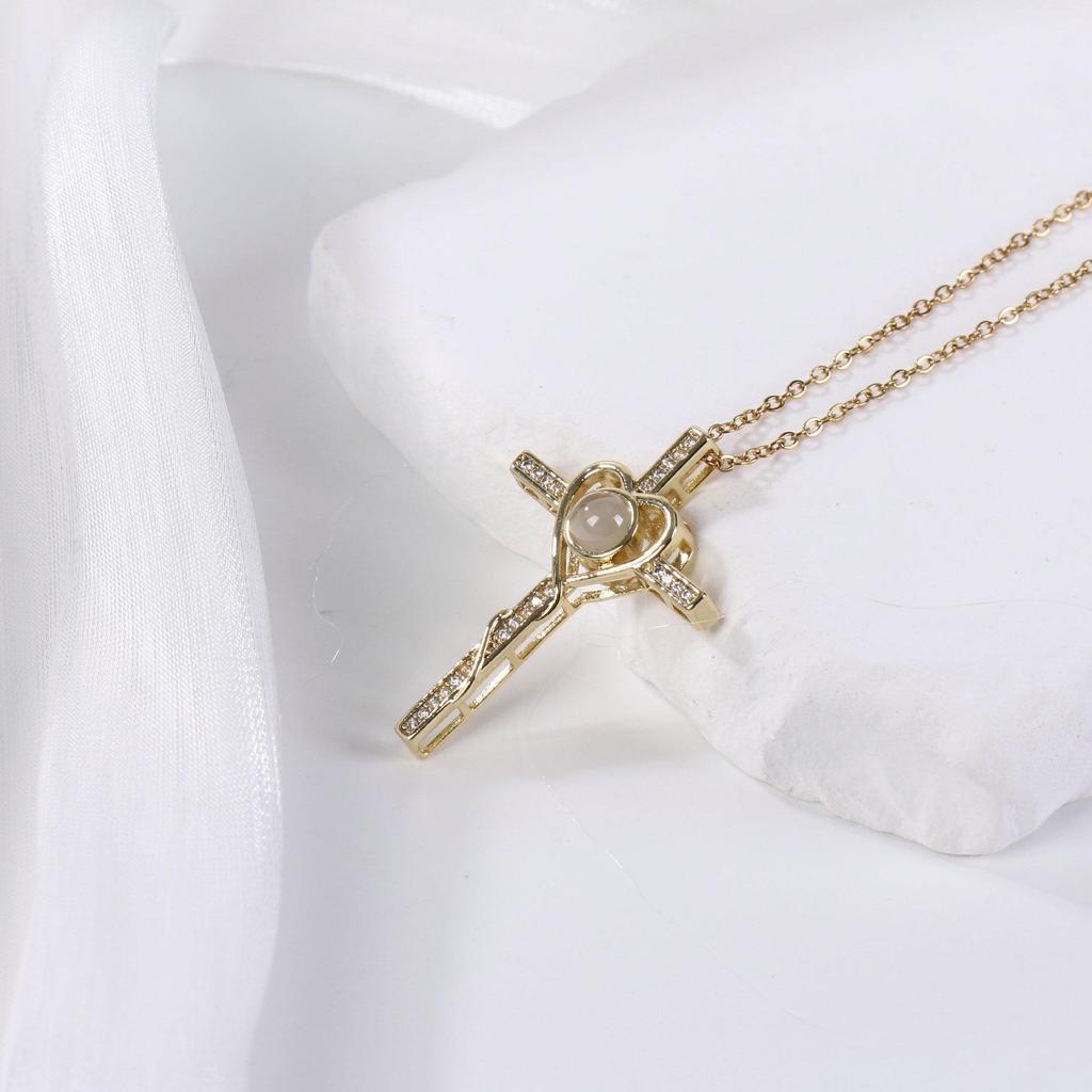Korean Style 100 Languages 'I Love You' Cross Projection Necklace