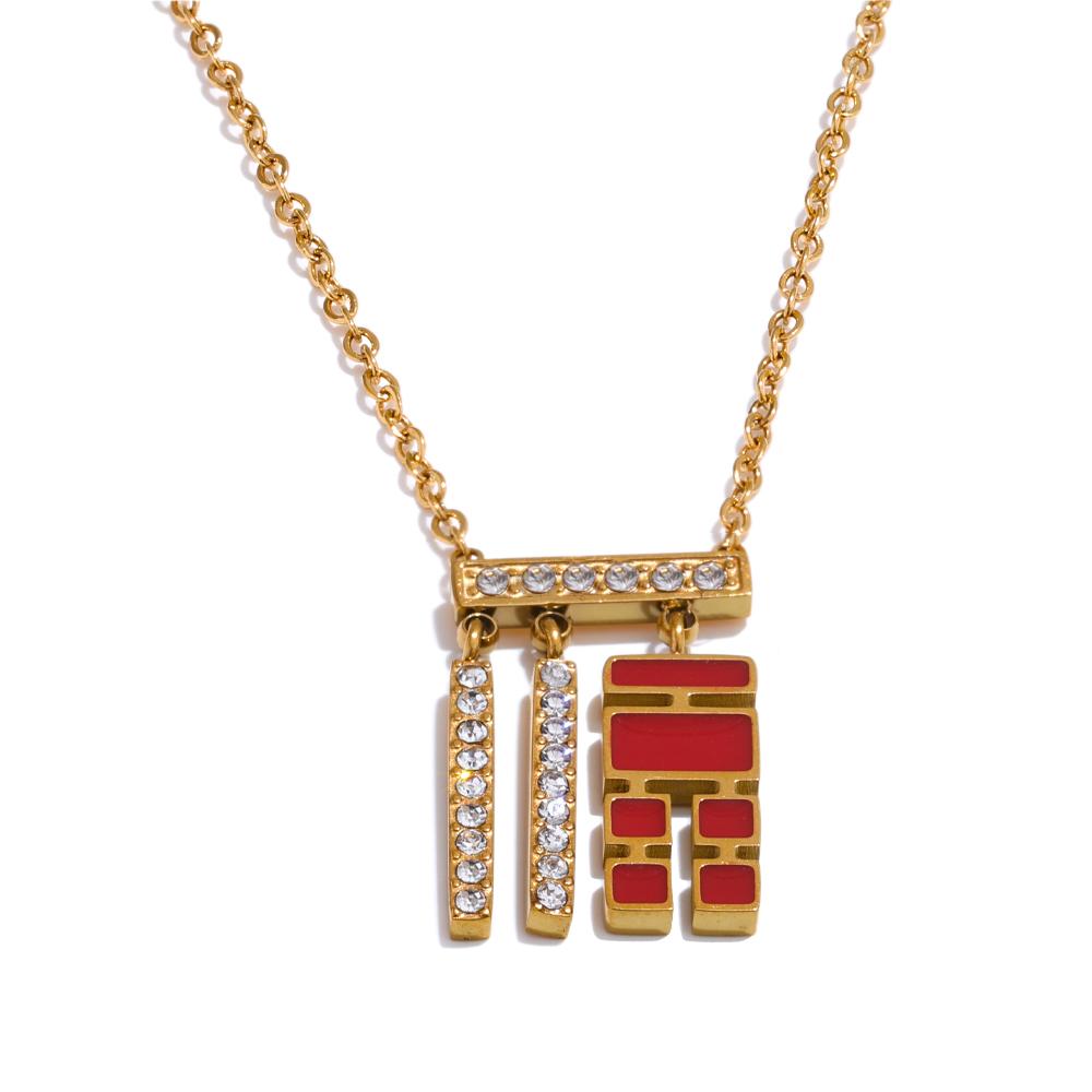 

Yhpup China Word FU Stainless Steel Red Enamel Cubic Zirconia Chic Wishes Necklace Pendant Charm Delicate Collar Jewelry Gift