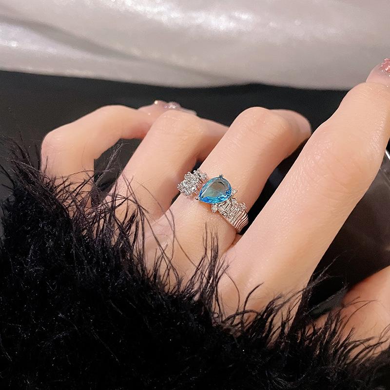 Fairy Wind Aquamarine Niche Design Sense Open Ring Light Luxury Premium Water Drop Full Diamond Index Finger Ring Stacked Wear Ring