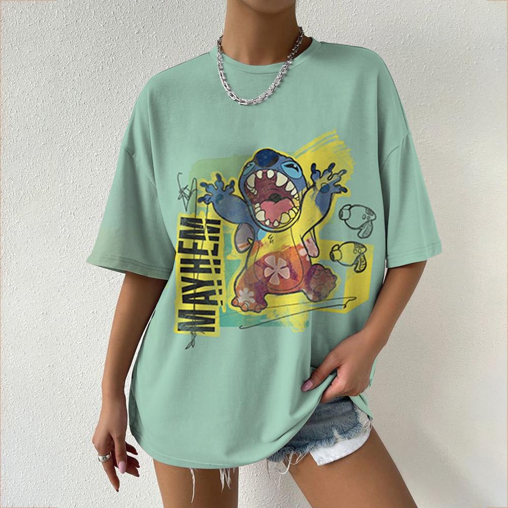 Kawaii Women's T-shirt Disney Lilo&Stitch Casual Y2k T-shirt Round Neck Short Sleeved T-shirt 2025 Summer Women's Clothing