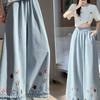 Women Summer High Waist Wide Leg Pants Ruffle Trim Floral Embroidery Loose Casual Nine-Point Trousers With Pockets