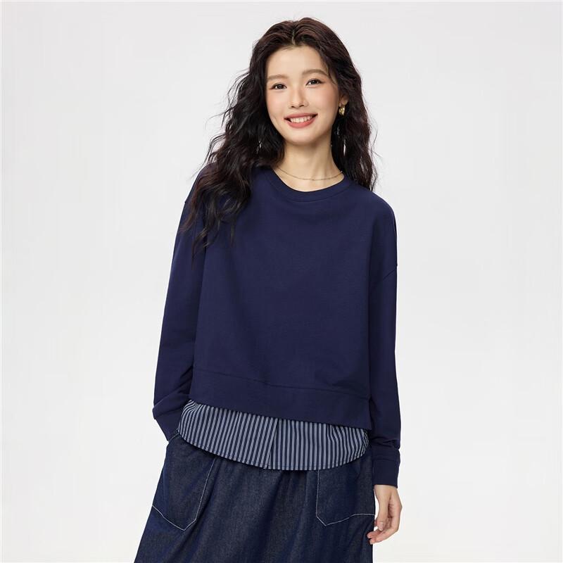 Giordano Women's Miu Series Striped Patchwork Cotton Sweatshirt